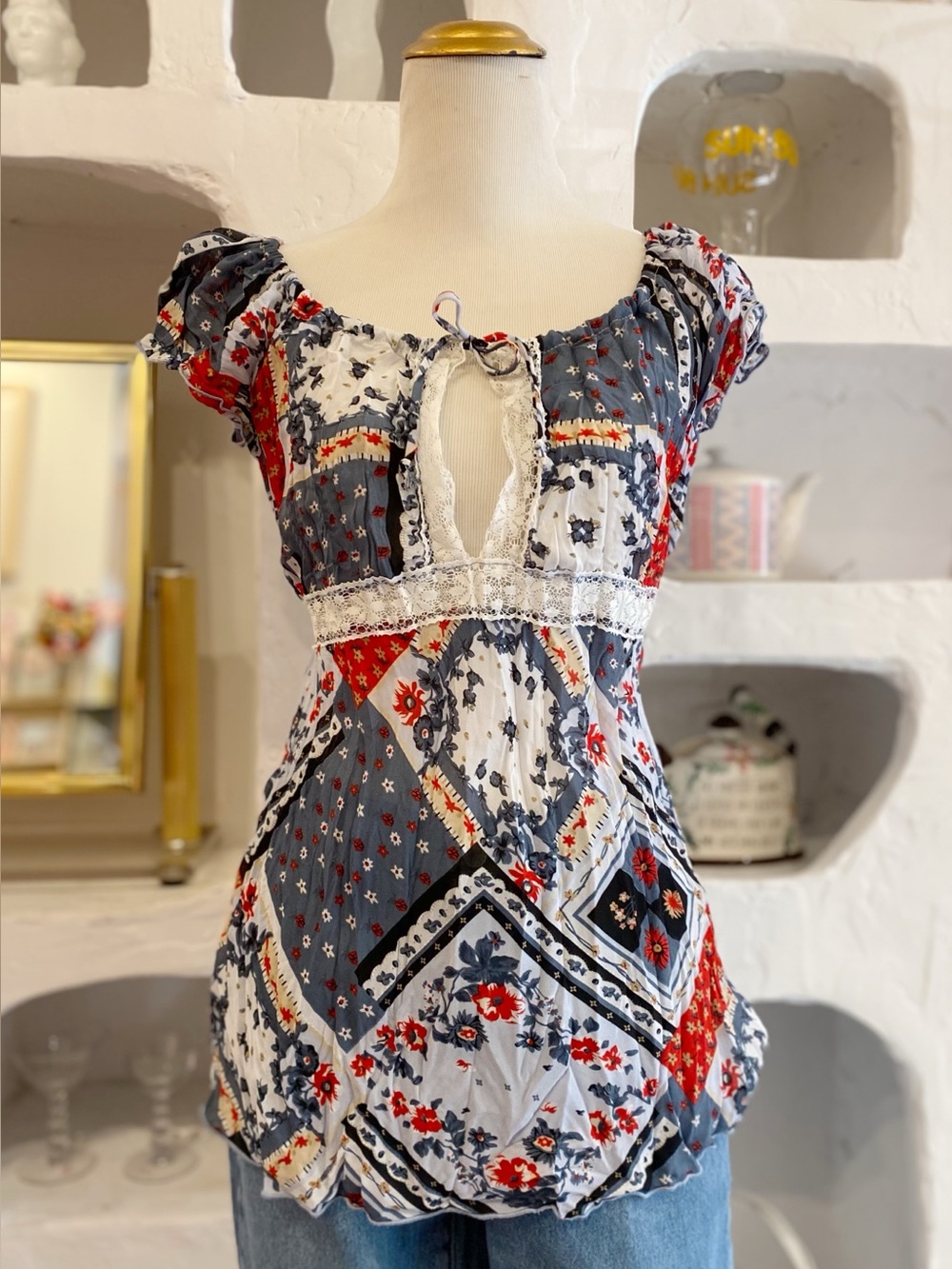 Y2K Mesh Boho Patchwork Lace-Trim Babydoll Milkmaid Peasant Off The Shoulder Top